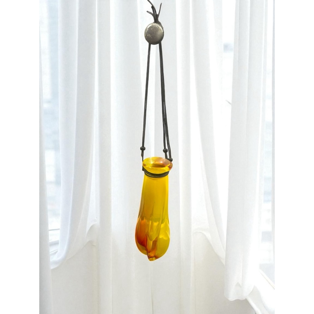 Hand-blown Glass Hanging Vase for small floral arrangement, yellow orange